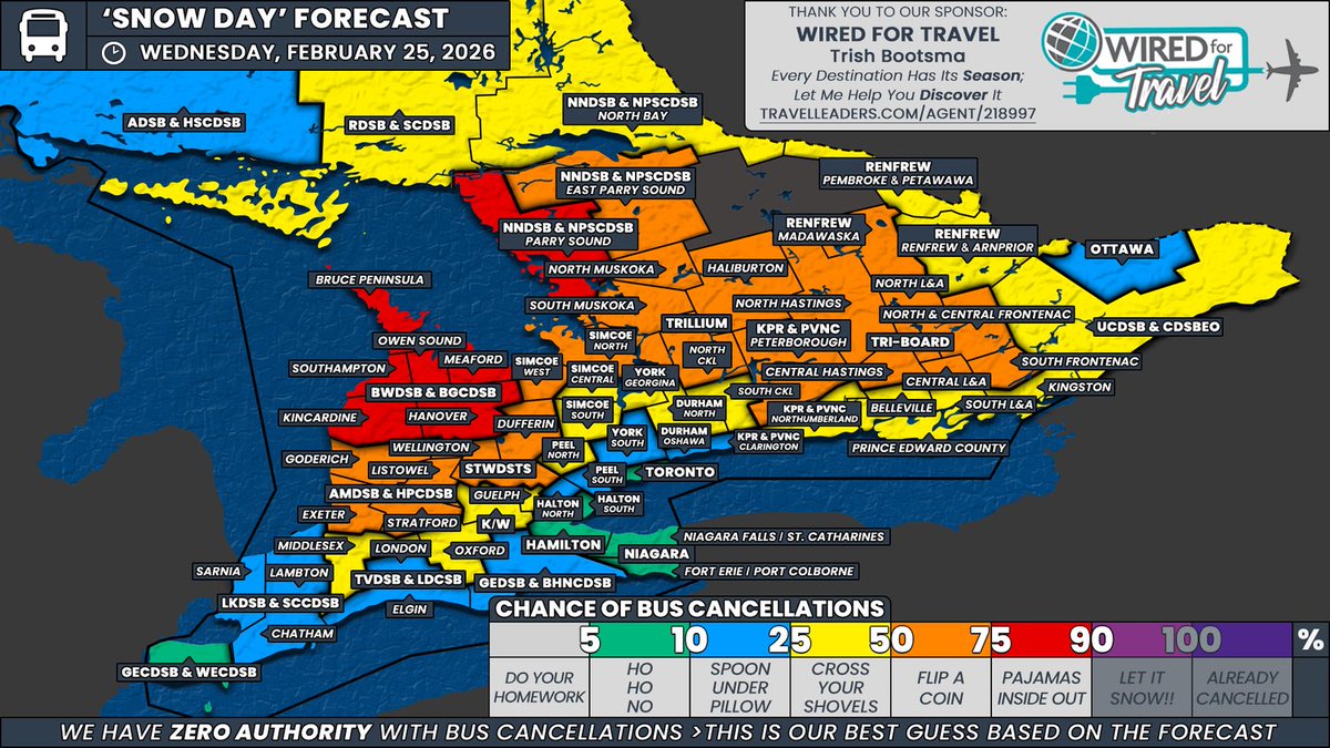 #ONStorm #ONwx 🚌 ‘Snow Day’ Forecast: Widespread School Bus Cancellations Possible on Wednesday Across Southern Ontario Due to Alberta Clipper

📅 Wednesday, February 25, 2026

⤵️ VIEW TOMORROW'S FORECAST HERE ⤵️
🔗 instantweatherinc.com/article/ontari…

Disclaimer: Instant Weather has zero