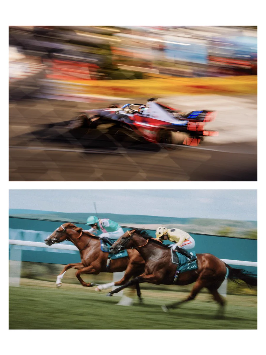 The image contrasts a blurred race car speeding on a track with two brown horses and jockeys racing on a green grass track, illustrating speed and competition in different sports.