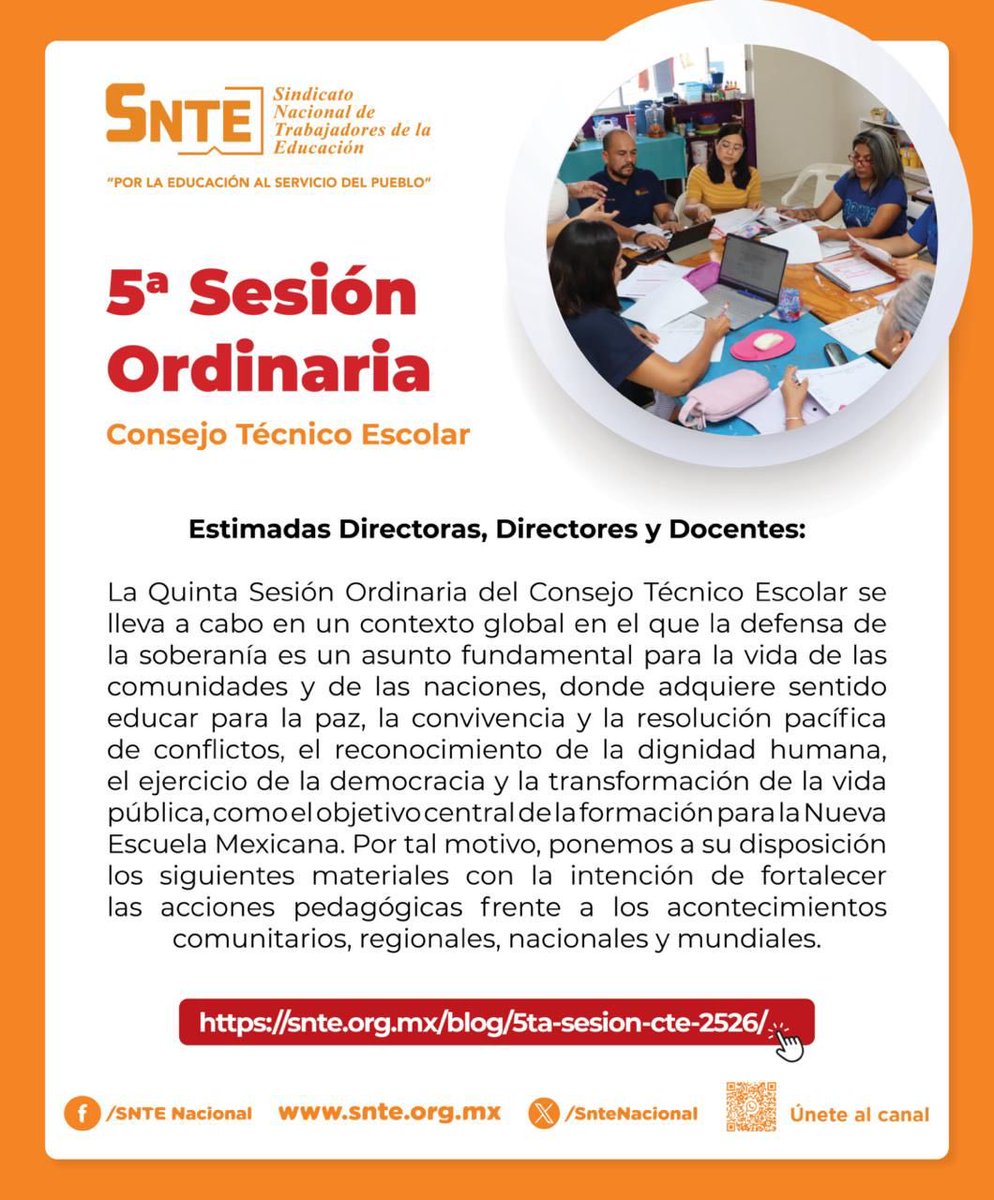 ¡Información importante!

🌍📚 En la 5ª Sesión Ordinaria del Consejo Técnico Escolar, reforzamos la educación para la paz y la convivencia. ¡Fortalezcamos juntos la Nueva Escuela Mexicana! 
Más info: snte.org.mx/blog/5ta-sesio…
