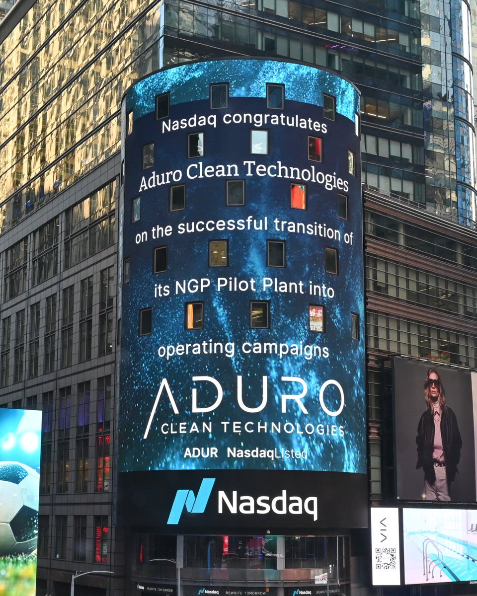 AduroCleanTech's tweet image. Always excited to see our name on the famous @Nasdaq Tower in #TimesSquare—especially as #Nasdaq shared our announcement of the NGP Pilot Plant launch, spotlighting our continued progress from validated chemistry to pilot-scale execution. #NasdaqListed $ADUR #CleanTech