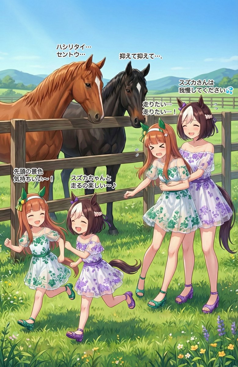 ＃サイレンススズカ
＃スペシャルウィーク
おはよーございます✨水曜日です😆
仲良く並走するスペスズキッズと先頭民族の血が騒ぐスズカママと実馬スズカをなだめるスペちゃんと実馬スペ😅