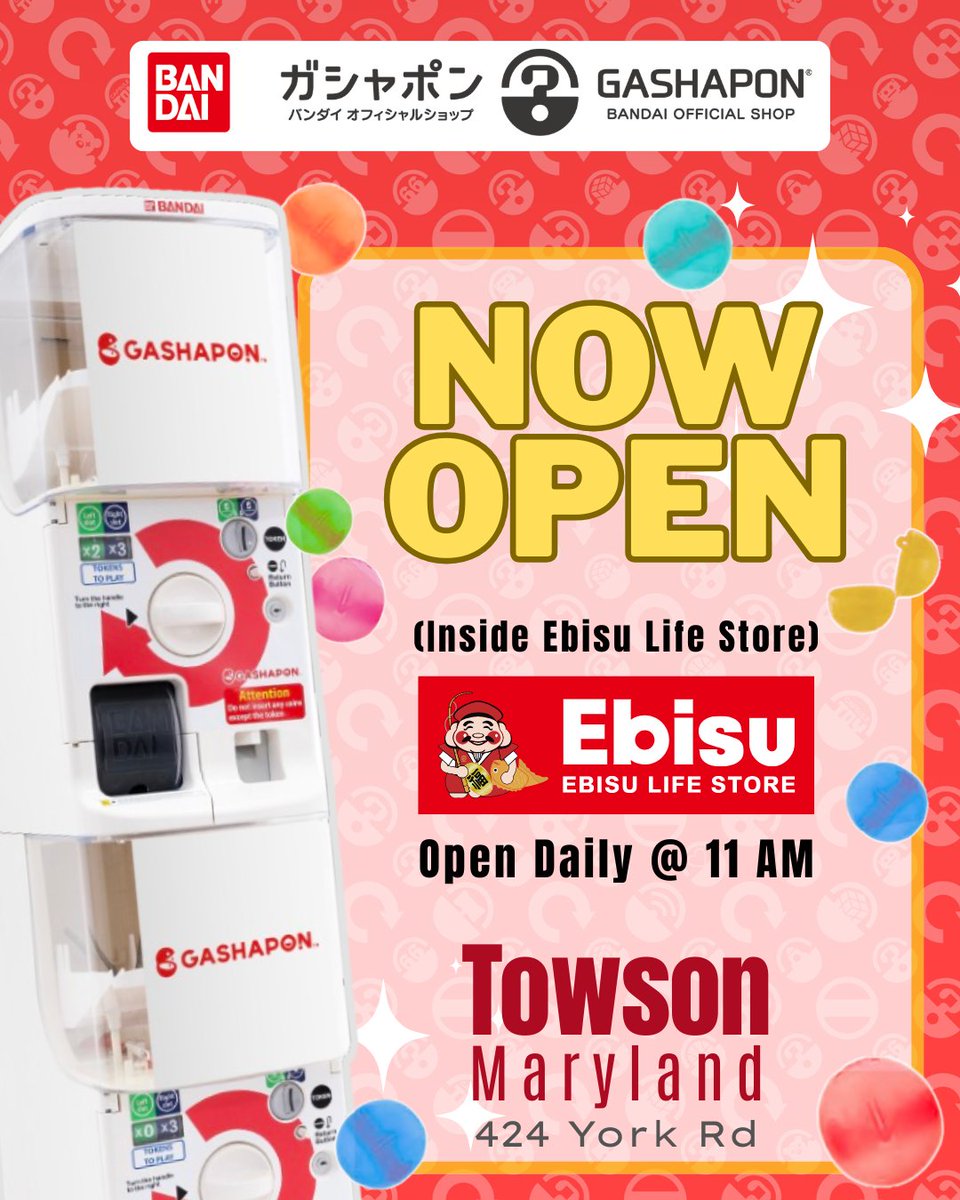 GashaponUS's tweet photo. Our Gashapon Bandai Official Shop is now Open inside of Ebisu Life Store in Towson, Maryland!
Stop by this week to play and spin🔄
424 York Rd, Towson, MD 21204
Open during store hours
#capsuletoy #gashapon #ebisulifestore https://t.co/fJBel2f0B7