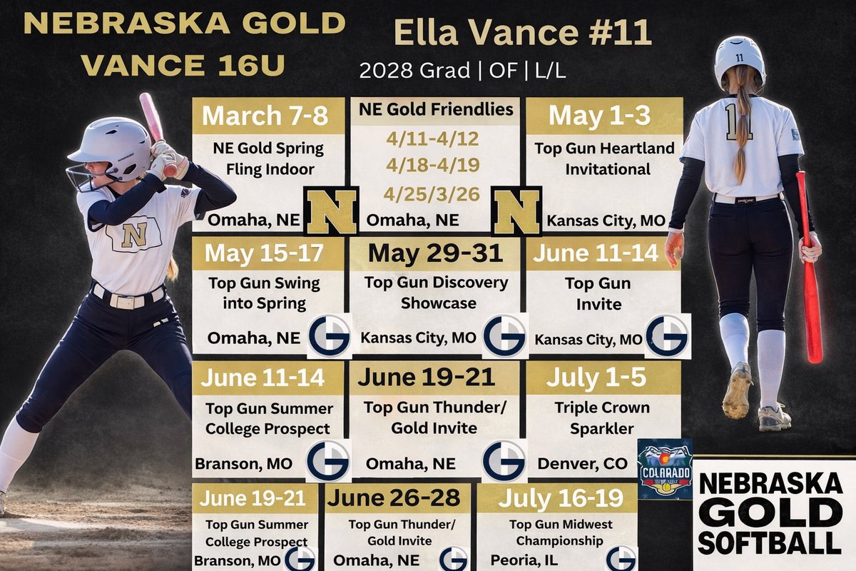 11 days out!! I can’t wait to step back onto the field with my teammates and best friends. Come and out and watch us this season! 

#GoldDNA

<a href="/NEGoldVance/">NE Gold Vance 16U</a> 
<a href="/NebraskaGold/">Nebraska Gold</a>