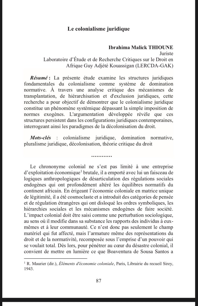 L’article sur le colonialisme juridique est sorti dans la revue sénégalaise de droit partie doctrine