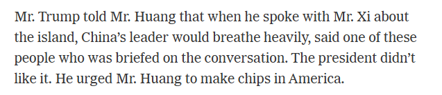 clashreport's tweet photo. When Trump met Nvidia CEO Jensen Huang in the Oval Office, he said that whenever he spoke with China’s Xi Jinping about Taiwan, Xi would “breathe heavily.” 

Trump didn’t like it.

Source: NYT https://t.co/E1TOmVZ3uJ