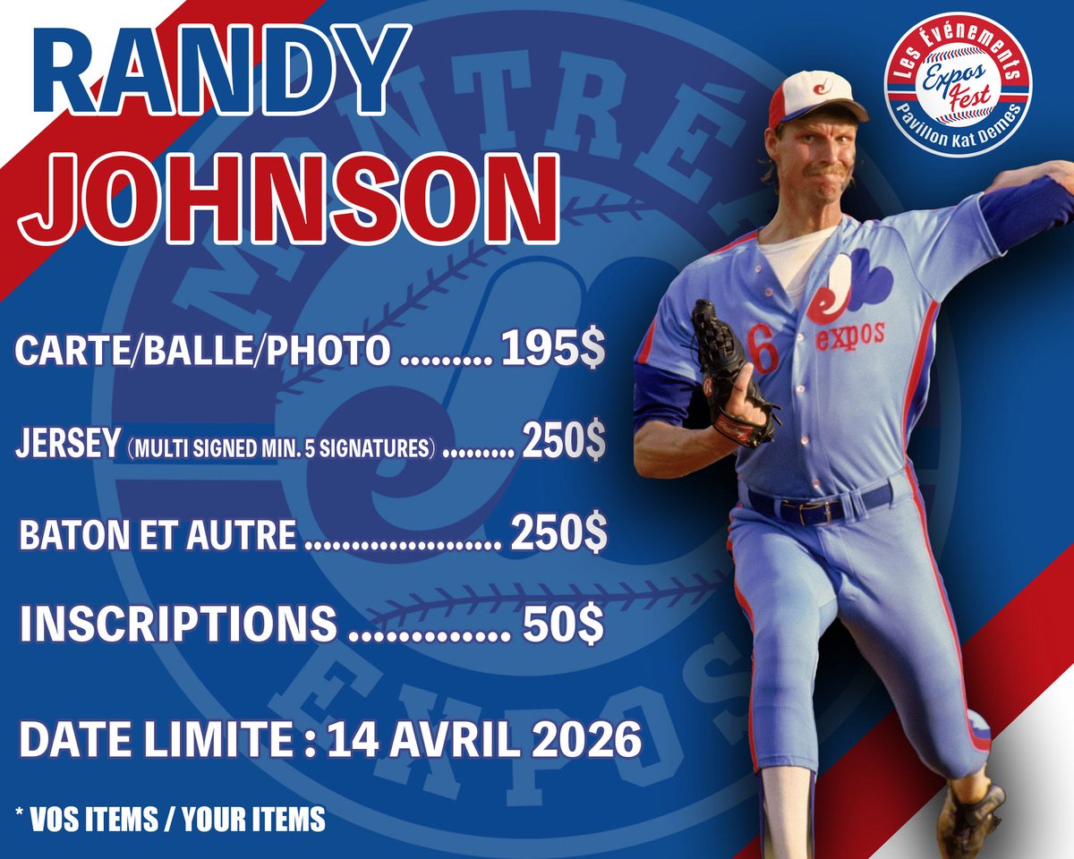 ExposFest's tweet image. 🚨Randy Johnson 🇨🇦 Mail Orders. 
💥Vos items / your items💥
Randy ne signera pas la photo de l’incident de l’oiseau.
#BigUnit
Randy will not sign the photo of the bird incident. @ExposFest
