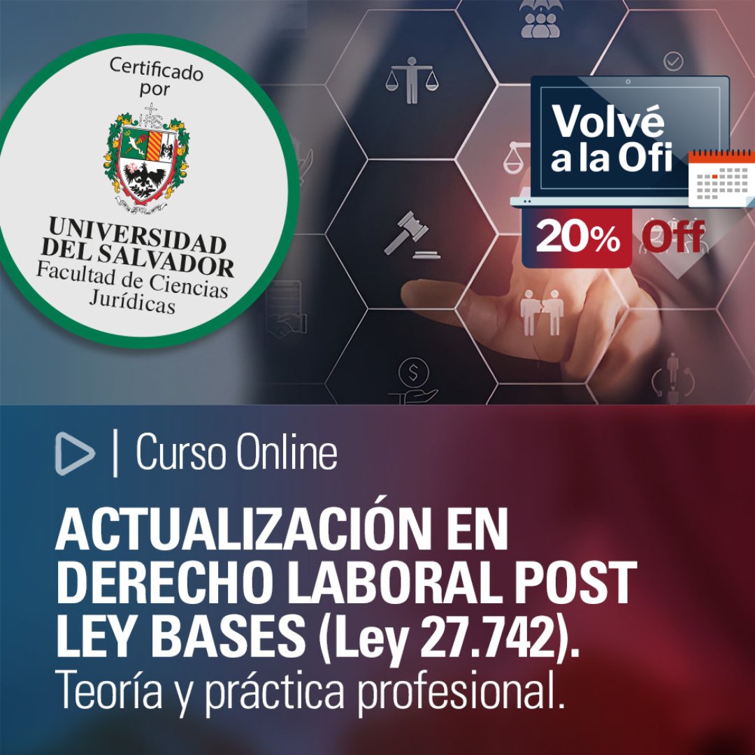 🗂️ Volvé a la ofi
 Terminó la feria y empiezan los descuentos.
Curso: ACTUALIZACIÓN EN DERECHO LABORAL POST LEY BASES (Ley 27.742). Teoría y práctica profesional.
🔥20% OFF
A cargo de: Julián G. Cosso

👉 Mirá el temario completo en nuestra tienda tinyurl.com/t49c29wd