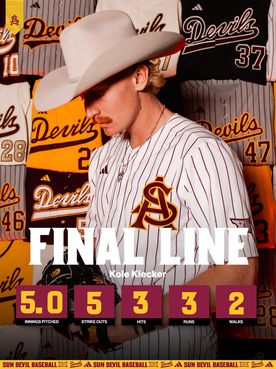 ASU_Baseball's tweet photo. Heck of a day from Mr. Klecker. 

Held down one of the most potent offenses in the country. 

#O2V /// #ForksUp https://t.co/hXx0ys8r5O
