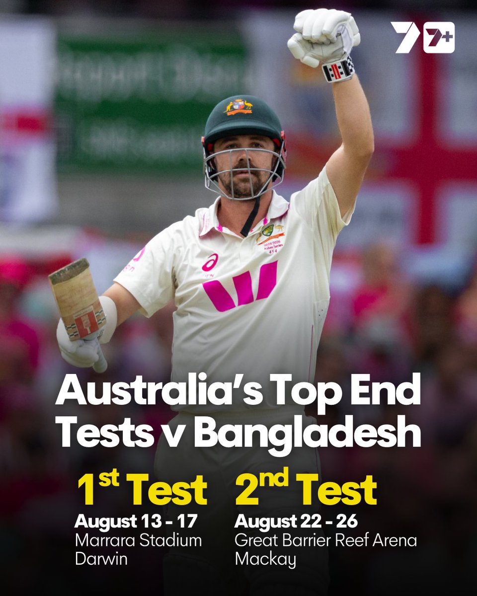 7Cricket's tweet photo. Top End Tests coming in August!

Dates are locked in for Australia's two Tests v Bangladesh in Darwin and Mackay #AUSvBAN https://t.co/rhJ9jeT9o0