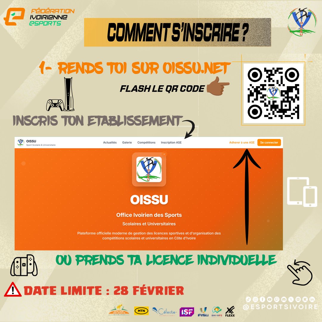 EsportsIvoire's tweet photo. 🔥L'Esports débarque à l'OISSU 🎮

Comment s'inscrire📝:  

1⃣- Prends ta licence ou fais inscrire ton établissement sur https://t.co/3bo02axhlM
2⃣- Rejoins le serveur OISSU https://t.co/8e9GTmWYyL
3⃣- Crées ton compte https://t.co/D2crQsJhCQ

(1/2) https://t.co/v9UBYHd7PF