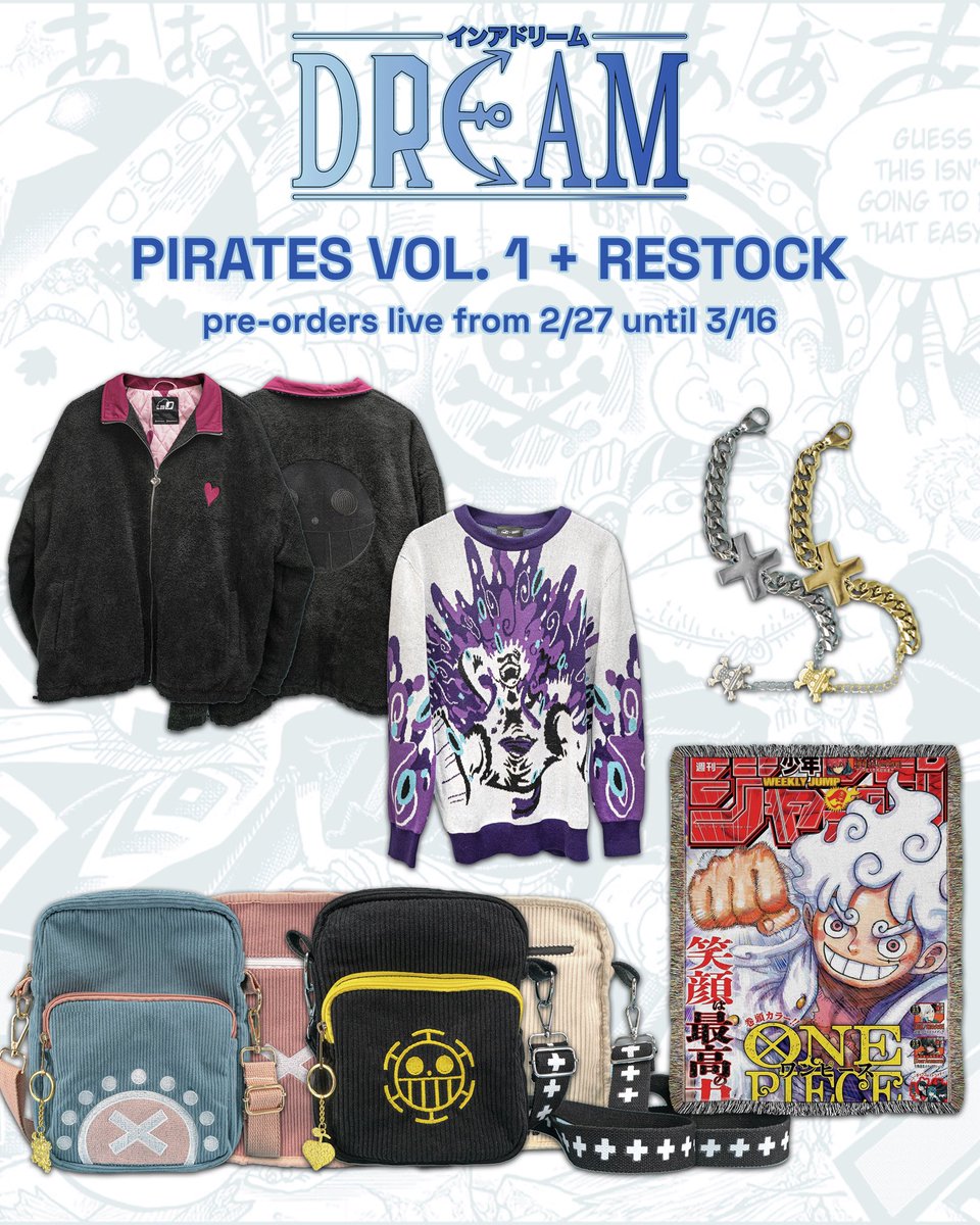 inadream_co's tweet photo. 🏴☠️PIRATES VOL. 1 - THE COLLECTION🏴☠️
Our newest collection drops alongside our long-awaited restock THIS Friday, 2/27 @ 10A PT. Pre-orders close 3/16 @ 10P PT.
See y’all Friday.
#anime #onepiece #luffy #animemerch #animeclothing #style #fashion #inadream https://t.co/wkADh3fs59