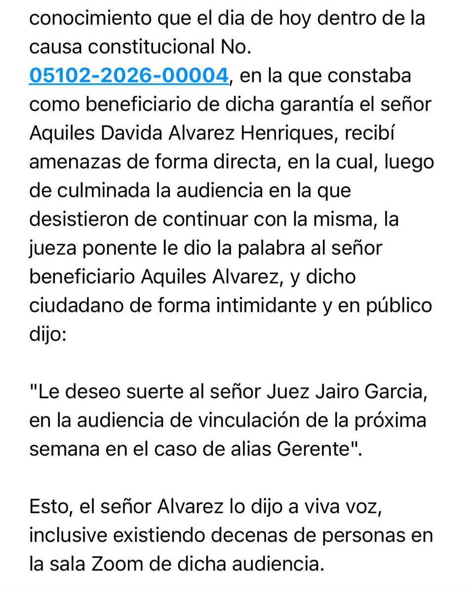 El juez Jairo García,quien tiene el “caso Goleada”, envió hoy este texto a los vocales del ⁦<a href="/CJudicaturaEc/">Consejo de la Judicatura</a>⁩ :