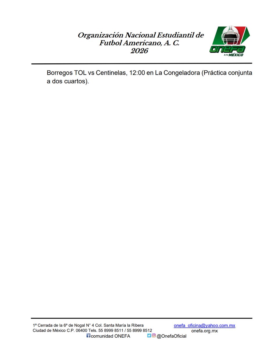 *ONEFA: Confirmados calendarios 2026*

Confirmándose calendarios 2026 de las categorías Intermedia y Juvenil de Primavera, cuyas actividades iniciarán el 6 de marzo y 10 de abril, respectivamente. También se informa de scrimmages para este fin de semana.