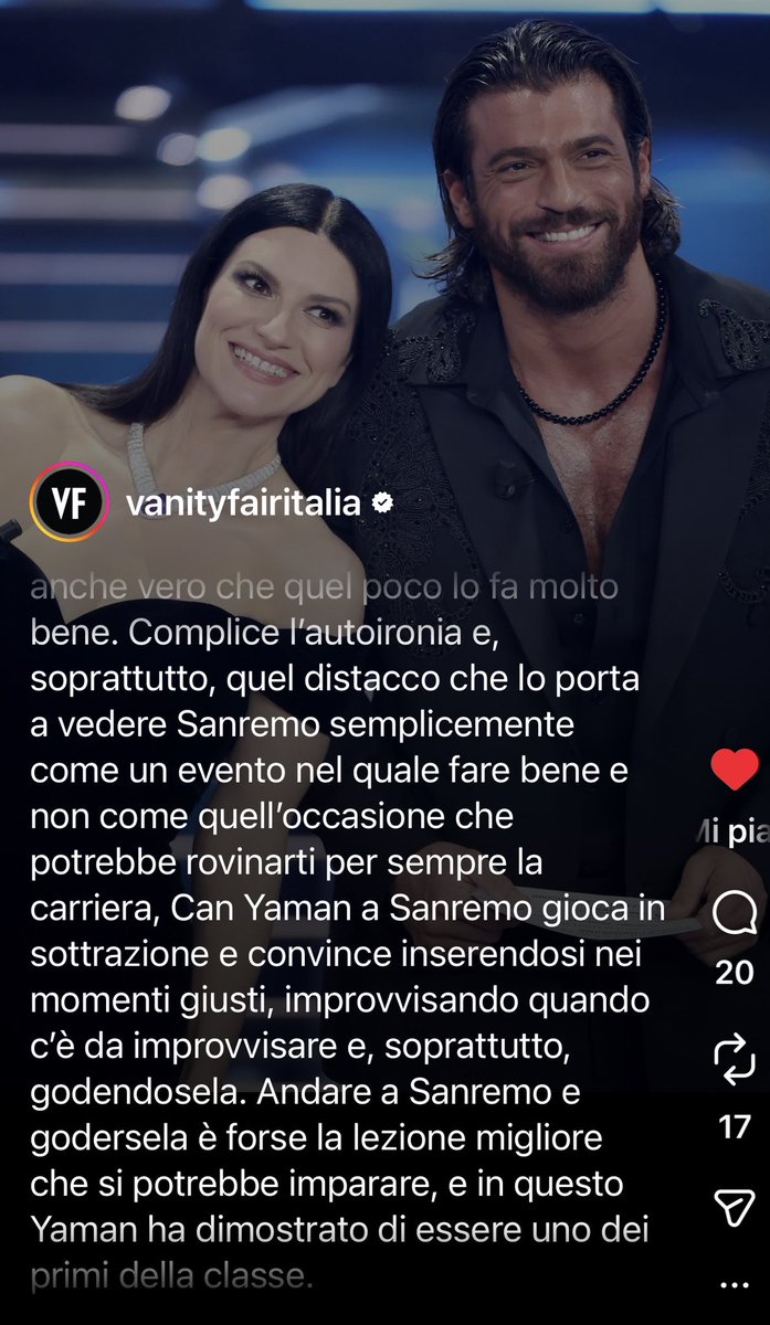 Segnalo l’analisi di <a href="/MarioManca/">Mario Manca</a> per Vanity Fair sulla co-conduzione di #CanYaman a #Sanremo2026
“Andare a Sanremo e godersela è forse la lezione migliore che si potrebbe imparare, e in questo Yaman ha dimostrato di essere uno dei primi della classe.”