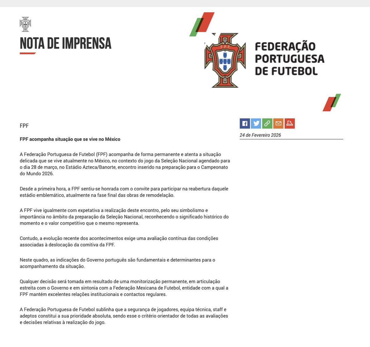 🚨🚨🚨🚨🚨🚨🚨🚨 عاااااااااااااااااااااااااااجل!!!!!

بيان من الاتحاد البرتغالي لكرة القدم عن الاوضاع الحساسة الذي تشهدها المكسيك حاليًا! 😱💣🇵🇹🇲🇽

منذ البداية، شعر الاتحاد البرتغالي لكرة القدم بالفخر لدعوته للمشاركة في إعادة افتتاح هذا الملعب التاريخي، الذي يمر حاليًا بالمراحل