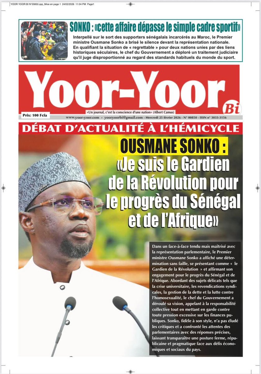 La Une de Yoor-Yoor Bi de ce mercredi 25 février 2026
À vos kiosques et bonne lecture!
#Bu_Baax_Bi  #Yoor_Yoor_Bi
