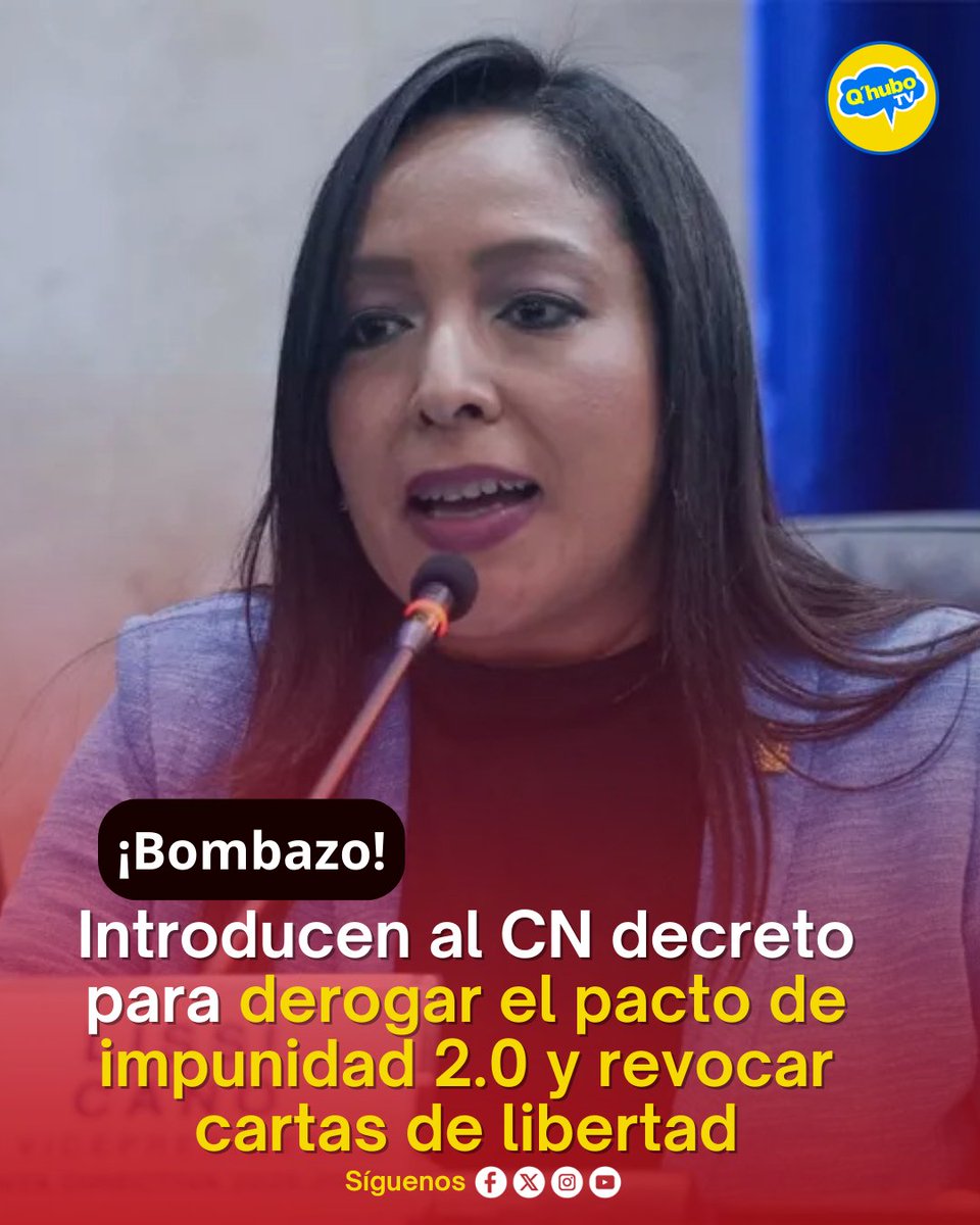 #QHuboTVNoticias | 🚨#Bombazo🚨
La vicepresidenta del <a href="/hn_congreso/">Congreso Nacional de Honduras</a>, <a href="/LissiCano/">Lissi Matute Cano</a>, introdujo una iniciativa para derogar el decreto 04-2022, conocido como “Pacto de Impunidad 2.0”, que otorgó cartas de libertad a personas vinculadas al Partido Libertad y Refundación (Libre) acusadas