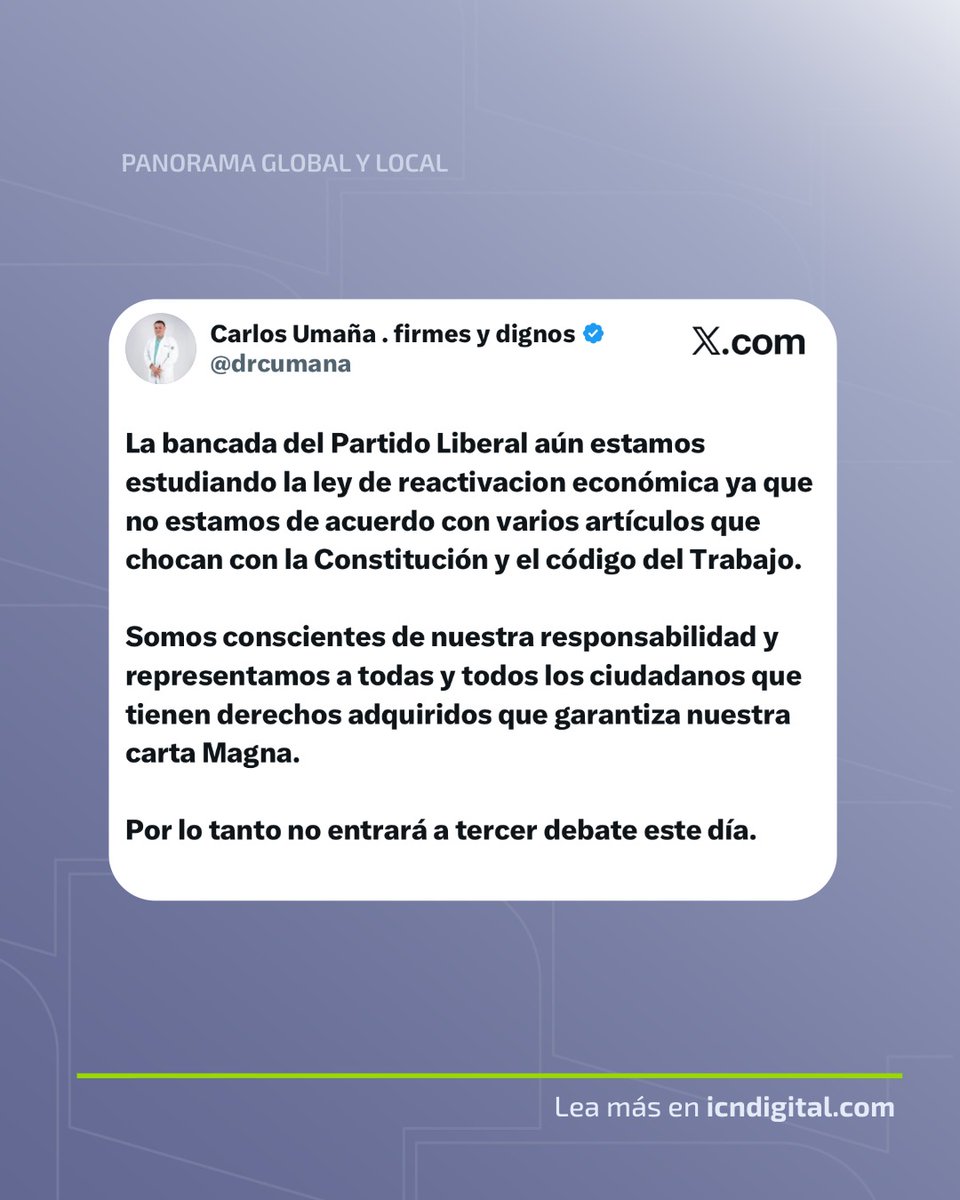 #Nacionales 🔴| Bancada liberal no respalda ley de reactivación económica

La bancada del Partido Liberal anunció que continúa analizando el proyecto de ley de reactivación económica y que, por ahora, no respalda varios de sus artículos al considerar que podrían contradecir la