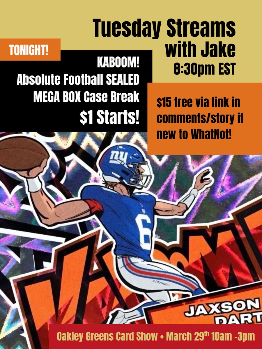 Every Tuesday nigh we stream — and tonight is KABOOM! night 💥

Because Kaboom! hits are “on average” we always want to protect our customers if the case doesn’t hit.

So if we miss the Kaboom! tonight, we’ll:
- randomize all 32 teams
- send 2 Mega Boxes to 2 winners

LINK BELOW!