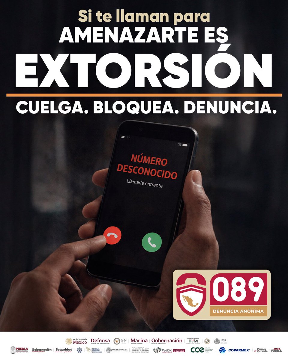 EnlaceNoticias1's tweet image. 👥☝️ Si te 📲#Llaman para 🗣️#Amenazarte, es 👺#Extorsión... 🥸 #Cuelga, Bloquea y Denuncia... ☎️#Marca al #089DenunciaAnónima.  🫂 #Gobierno del #Estado de #Puebla.