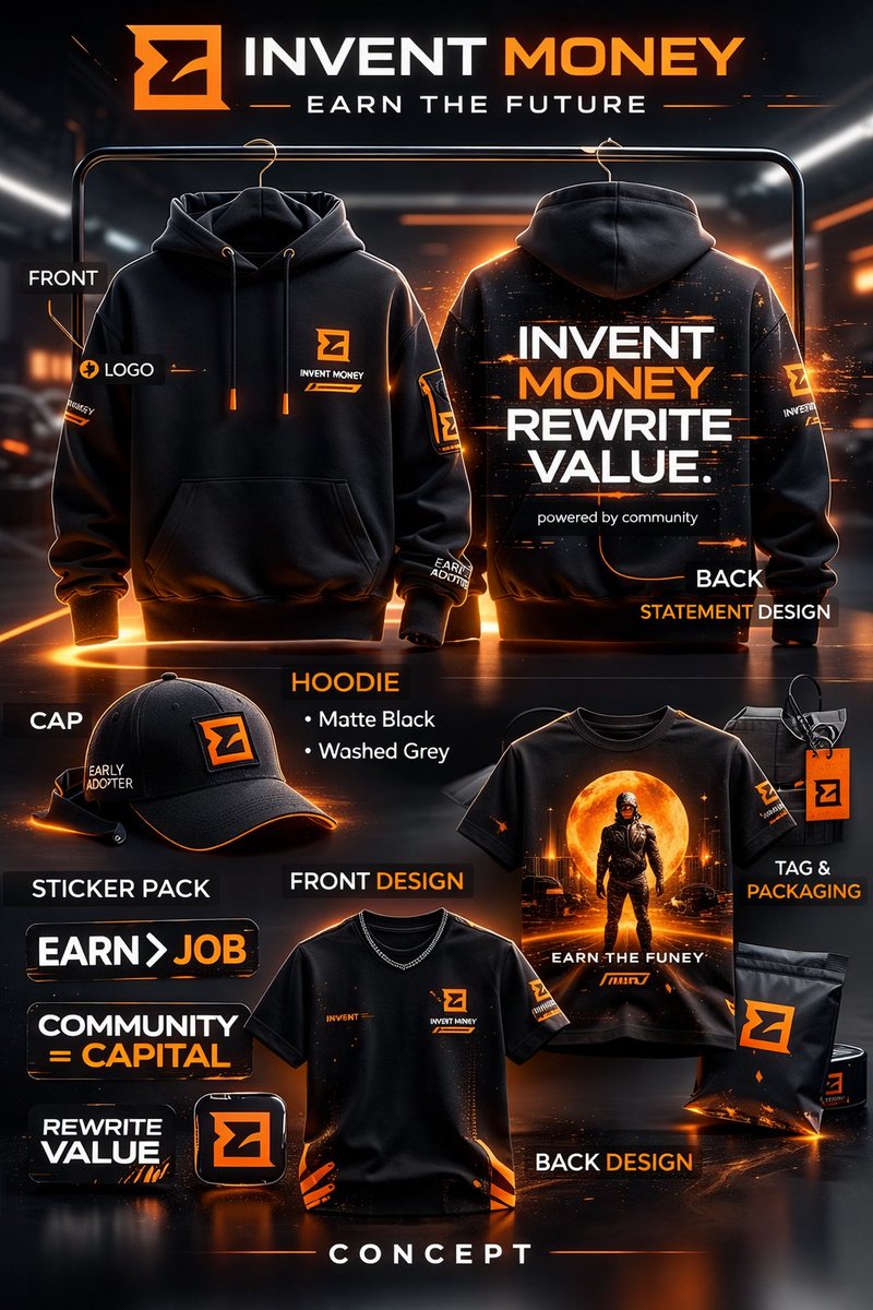 uangdroid2805's tweet image. Here’s my swag concept for @InventMoneyApp   👇
Theme: “Earn The Future”
Minimalist streetwear with a Web3 mindset.
Not corporate. Not loud. Just clean
Front: subtle branding.
Back: strong statement — INVENT MONEY. REWRITE VALUE.
#InventMoney #SwagDesign #Web3