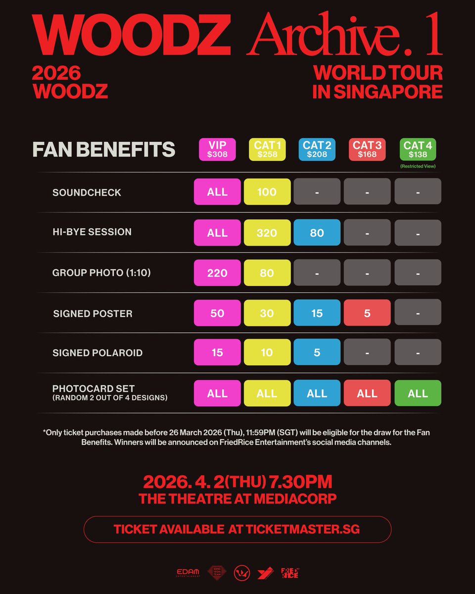 📢 Set your alarms, Singapore MOODZ!
 
WOODZ is finally making his way here this April ❤️‍🔥 Save the date and let's make the Singapore stop a beautiful 𝑨𝒓𝒄𝒉𝒊𝒗𝒆 in your memories ✩ ₊˚🎧⊹
 
🇸🇬 2026 WOODZ WORLD TOUR＇Archive. 1＇IN SINGAPORE
 
📅 Date: 2 April 2026 (Thu)
⏰