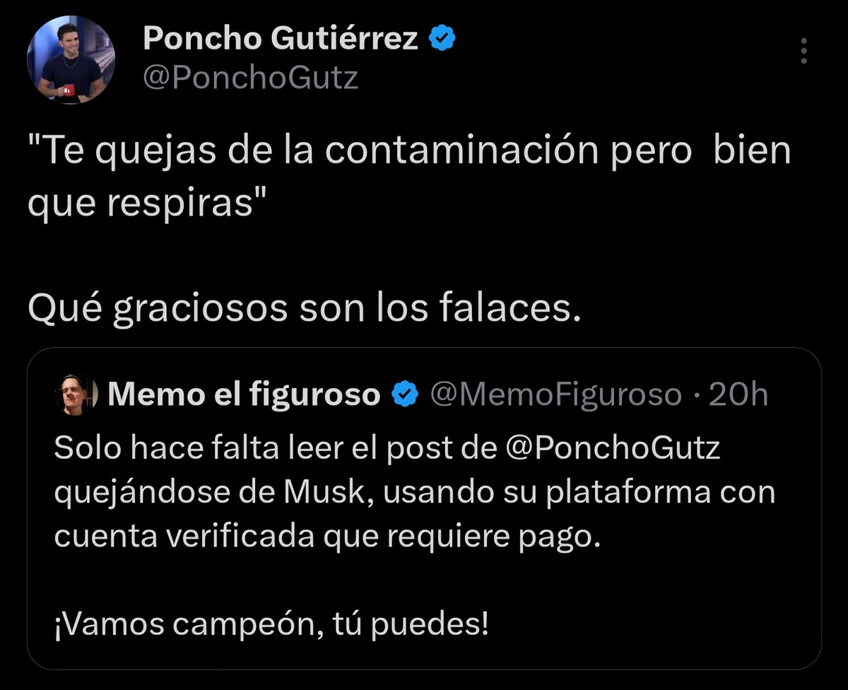 Para <a href="/PonchoGutz/">Poncho Gutiérrez</a> es lo mismo una necesidad (respirar) que una elección  (usar X y pagar verificación). 

Ahora entiendo porqué se le complicó tanto esa vez que le pidieron definir lo que es capitalismo.

 Le exigieron muchísimo. No sean así.