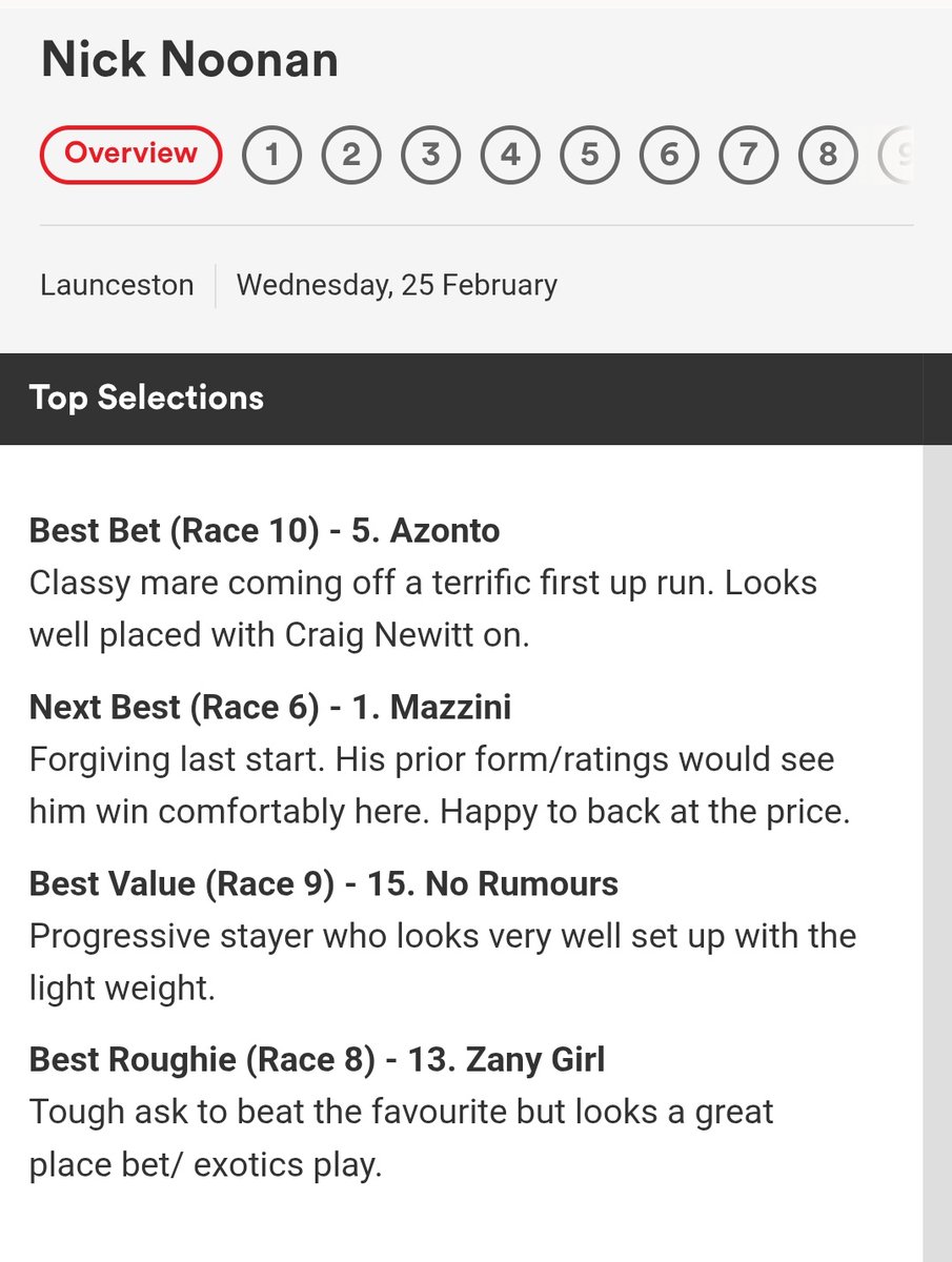 NickoNoonan's tweet photo. Launceston Cup Day in Tassie! @TasracingAus

All my tips for the card on the @Racing Tipping Hub 

Best Bet R10 #5 Azonto ⚪️🟣
🏆- #15 No Rumours 

Good card from Sandown today too, I'm on Mounting Yard duties for the coverage. Hopefully nail some winners 💪💪 https://t.co/96eWItYH3g