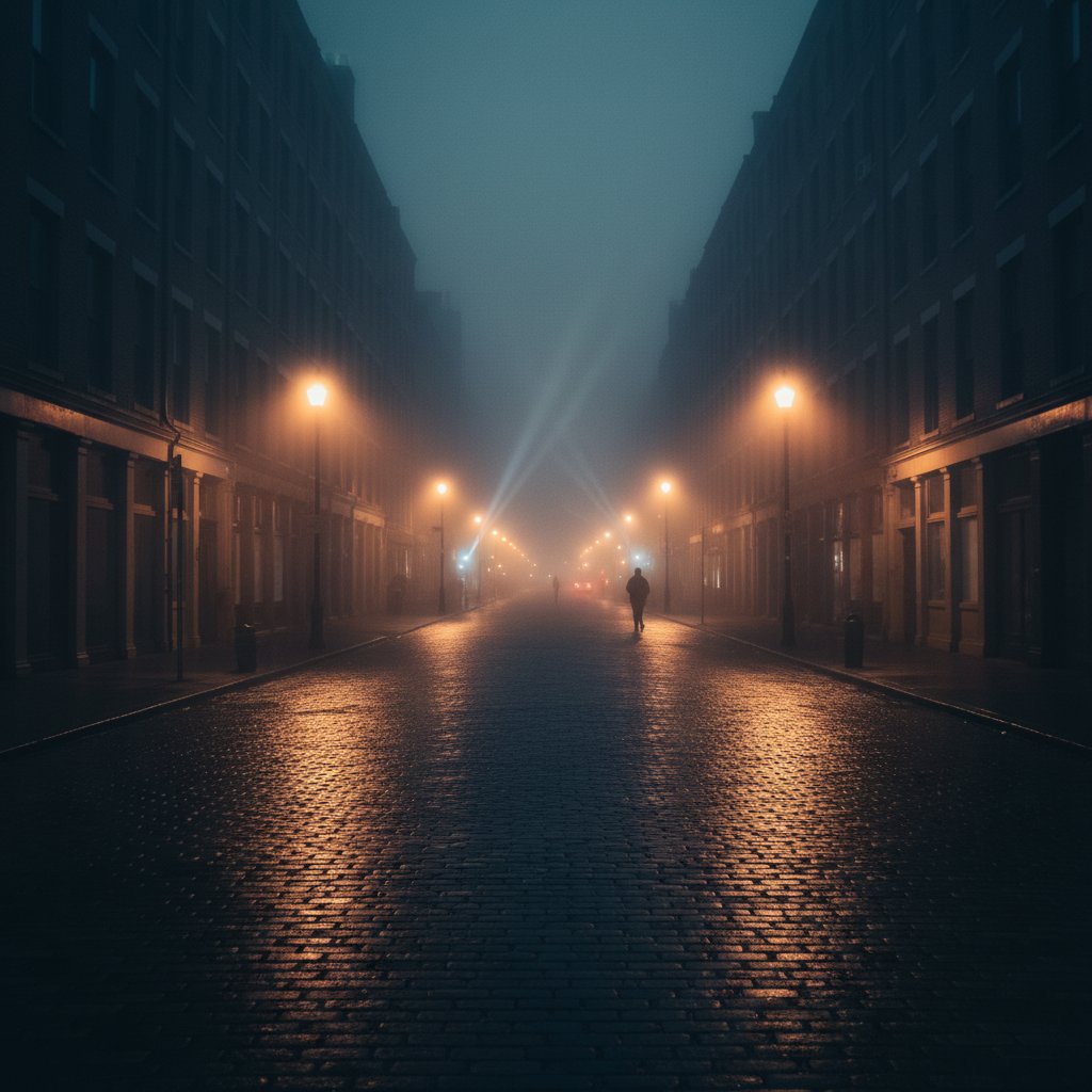 Urban Reverberations. The soft glowing lights filtered through the fog create an intimate yet ethereal ambiance. 🌆