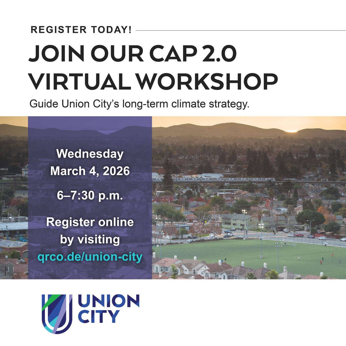 UnionCityCA_Gov's tweet photo. #ClimateActionPlan 2.0 - Share your ideas!

Join our virtual workshop on March 4 to share your transportation, energy, and local resilience priorities.

Info: https://t.co/5fXtzL50p0
Register at: https://t.co/XeBOSpMCCu

#MyUnionCity #UnionCityCA https://t.co/4CR2QxC479