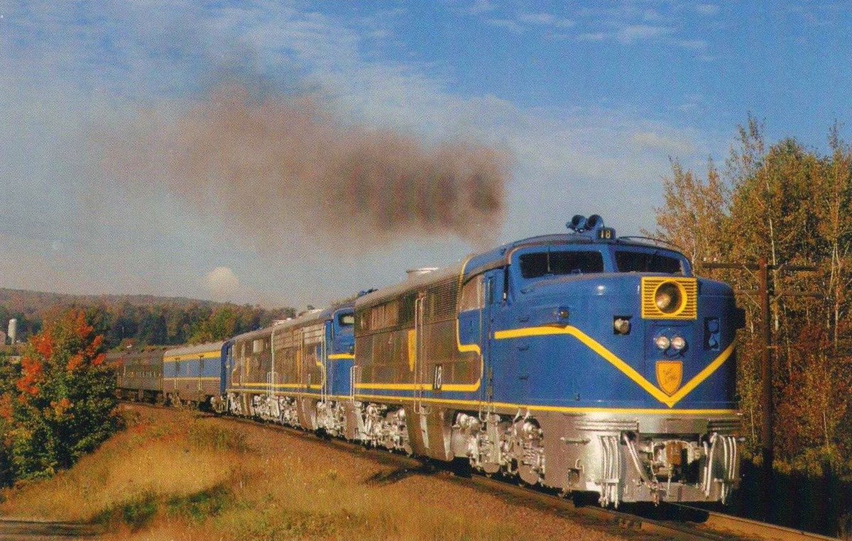 Delaware &amp; Hudson's PA-1's (#18, #17, and #19) lead the "Susquehanna Valley Special" (Binghamton - Albany, New York) excursion near Afton, New York on September 29, 1973. Aron Blum photo.

american-rails.com/delaware.html