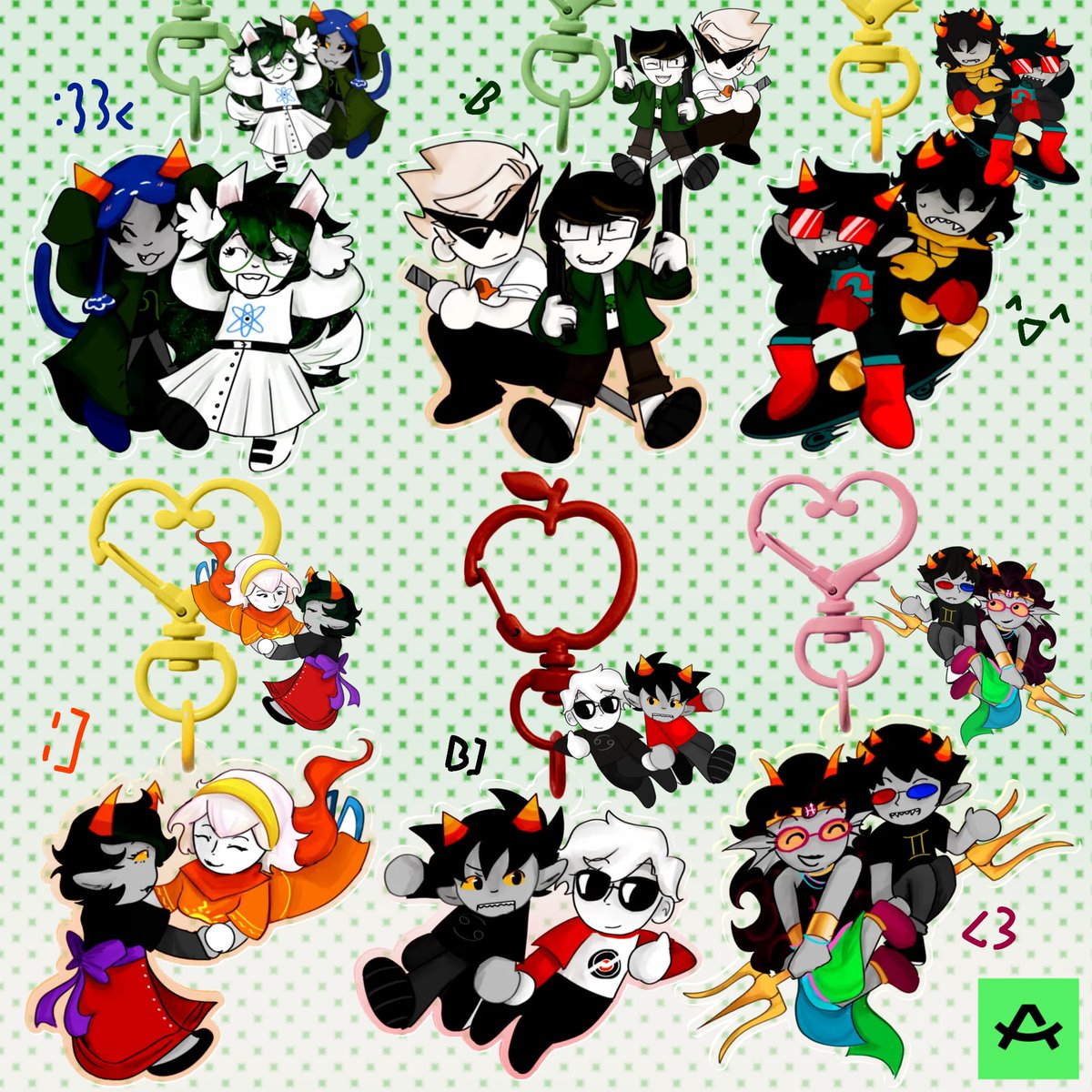 hopping on the #homestuck #acggoods bandwagon by releasing new fanmerch! batch one of pairings have been released (link at replies + feel free to request ships !!)