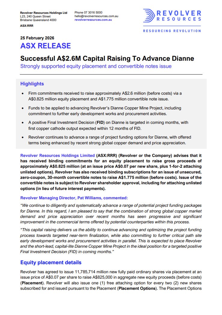 $RRR has secured firm commitments to raise A$2.6M via equity placement and convertible notes to advance the Dianne Copper Mine Project. Funds will support early works ahead of a targeted FID, with first copper cathode expected within 12 months of FID: bit.ly/3ZVO5Yr