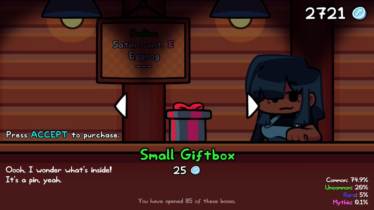 Keoiki_'s tweet photo. Just release a mod called Pointless Pins.

You get to earn FunkBucks by completing songs and weeks, then spend them opening mystery boxes.

NOTE: the pins are actually pointless, they only give you temporary gratification when you got them all.

Link in replies. https://t.co/cbN8YhtXgW