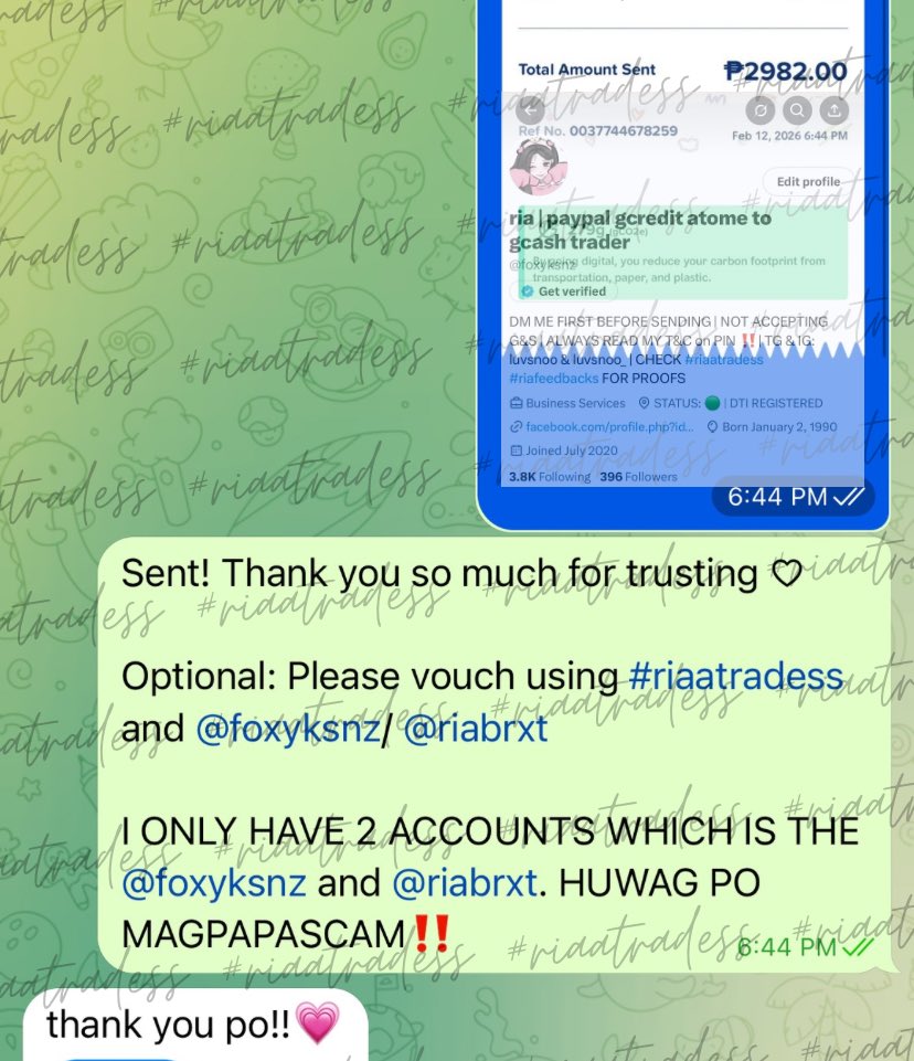 ༻ PAYPAL TO GCASH TRADE ༺

THANK YOU SO MUCH FOR TRUSTING! 

MY OLD ACCOUNT (<a href="/luvsnoo_/">ria | paypal gcredit unveri to gcash trader low</a>) WAS SUSPENDED

✧ #riaatradess