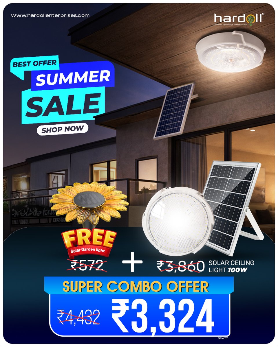 HardollEnterpr1's tweet photo. Summer Sale is LIVE!
Buy now: https://t.co/h9Q0ipXZ89
Get Solar Ceiling Light 100W + FREE Solar Garden Light
Super Combo Price: ₹3,324 only
Bright nights. Zero power bills.
#SummerSale #SolarLights #Hardollsolarlights #solargardenlights #ComboOffer https://t.co/hWTYiT0MUP