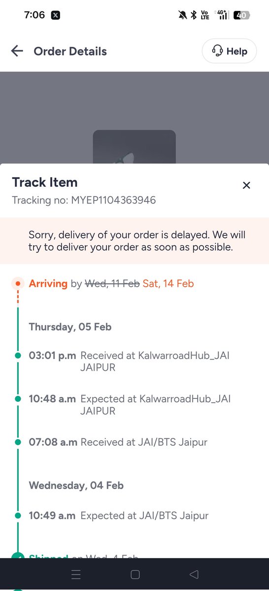 Survival_______'s tweet photo. @MyntraSupport
@myntra what's with the pathetic service?Ordered on Feb 2 with delivery promised by Feb11.Itreached the nearby hub on Feb 5 but zero updates or movement since then.Checked yesterday and now it's postponed to Feb 14 without any explanation?id-132190297643293755701 https://t.co/dWJFld54H0