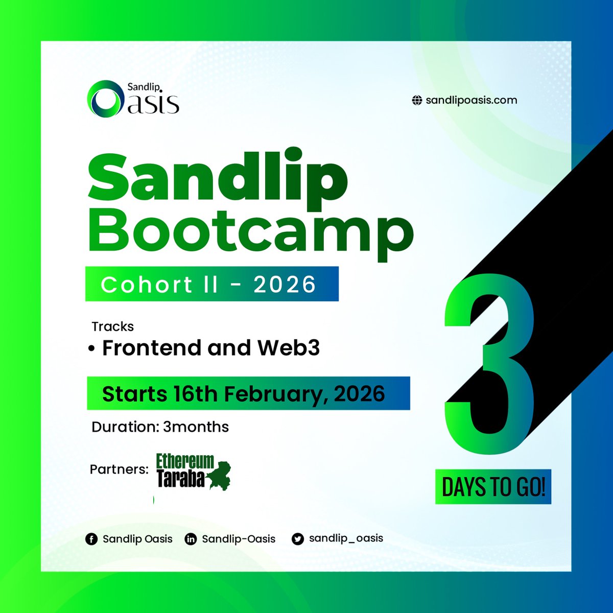 sandlip_oasis's tweet photo. 3 DAYS TO GO ⏳
This bootcamp is for the bold.
For the curious.
For the ones ready to level up.

Seats are limited and registration closes today.

Don’t watch from the sidelines,register here: https://t.co/9zJGlTkWP7 https://t.co/CJvoYW4HnV
