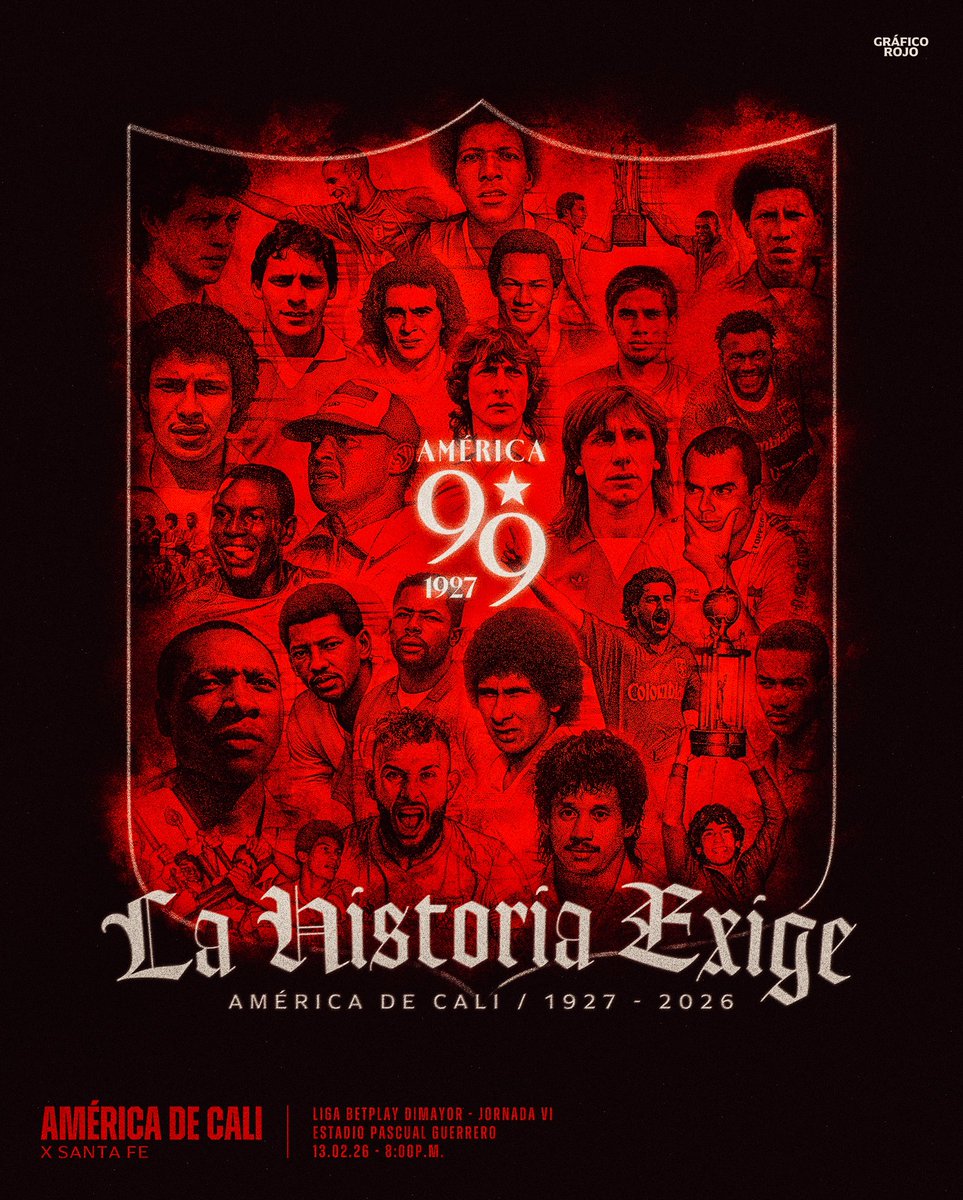 ElGraficoRojo's tweet photo. El Gráfico Rojo No. V

— LA HISTORIA EXIGE / 99 AÑOS —

El Gran América de Cali 
🆚 @SantaFe 

Liga BetPlay Dimayor
Estadio Pascual Guerrero 
13.02.26 - 8:00p.m. https://t.co/Yj3mkIgl2w