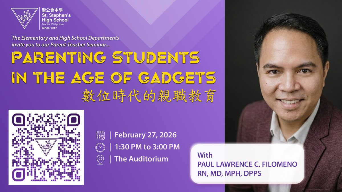 sshs_phl's tweet photo. Parents are invited to attend our seminar, “Parenting Students in the Age of Gadgets,” on Feb 27, at 1:30 PM at The Auditorium. The seminar will feature Dr. Paul Lawrence C. Filomeno, a pediatrician and digital wellness advocate.
#sshs_phl #education #technology #parenting https://t.co/0hWd5M4lnY