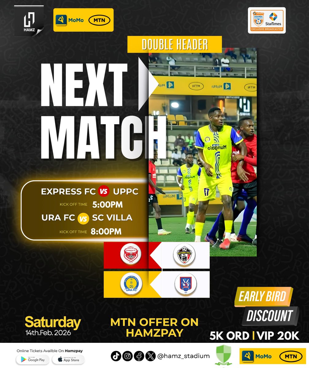 We have a double header on the <a href="/UPL/">StarTimes Uganda Premier League</a> menu this weekend.

Enjoy valentine's with your loved ones at <a href="/HamzStadium/">Hamz stadium Nakivubo War Memorial Grounds</a> this Saturday, 14th Feb at a discount. Be there!

#DoubleHeader 
#UgandaPremierLeague
#StarTimesUPL