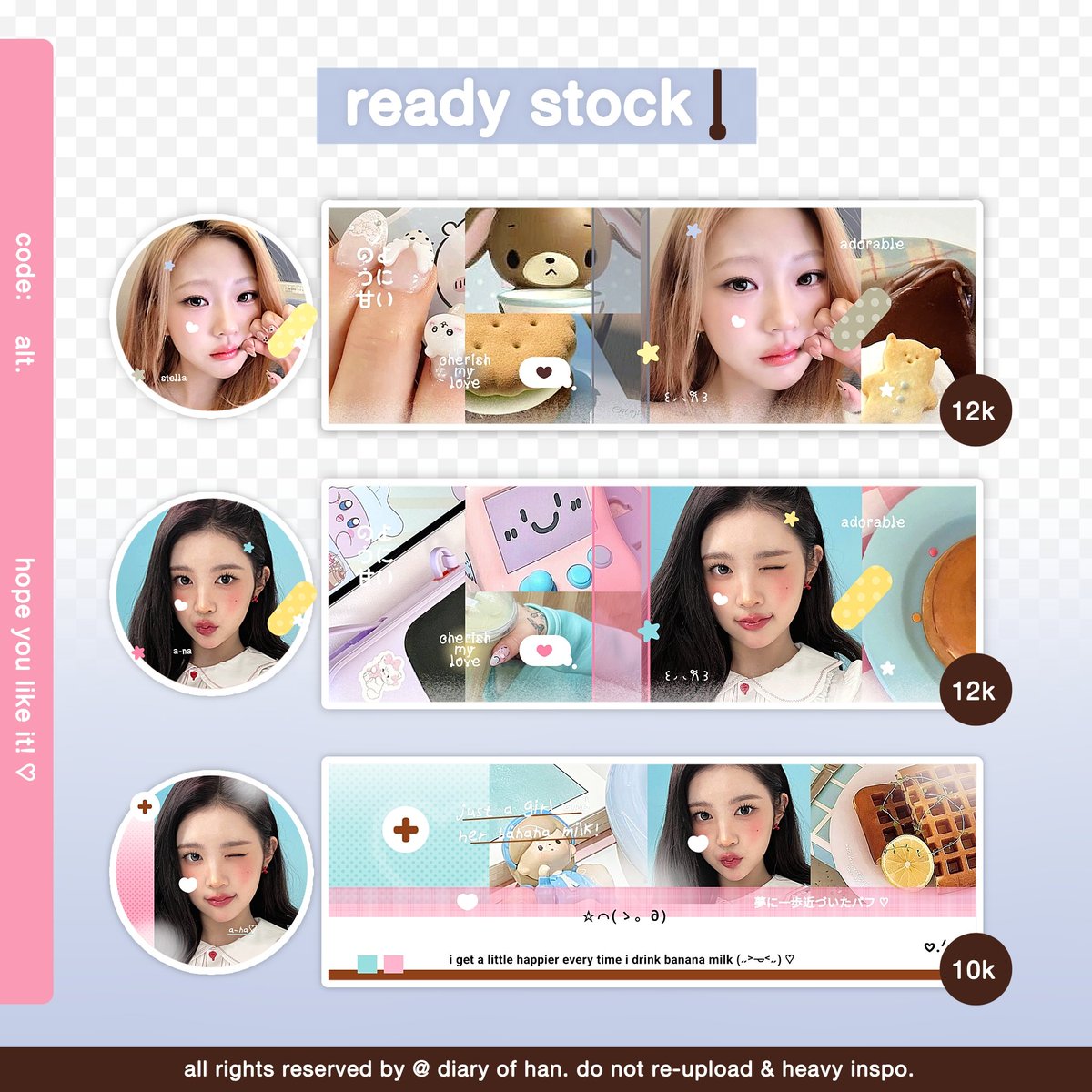 help repost yaaa, terima kasih! 🤍

halo semuanya, aku punya 12 layout ready stock girl group dan couple! 😆 (ada carmen, stella, a-na, jeno x karina, jay x ningning, dan masih banyak lagi) harga masing masing tertera pada gambar, sudah free retext! ⭐️

#zonauang