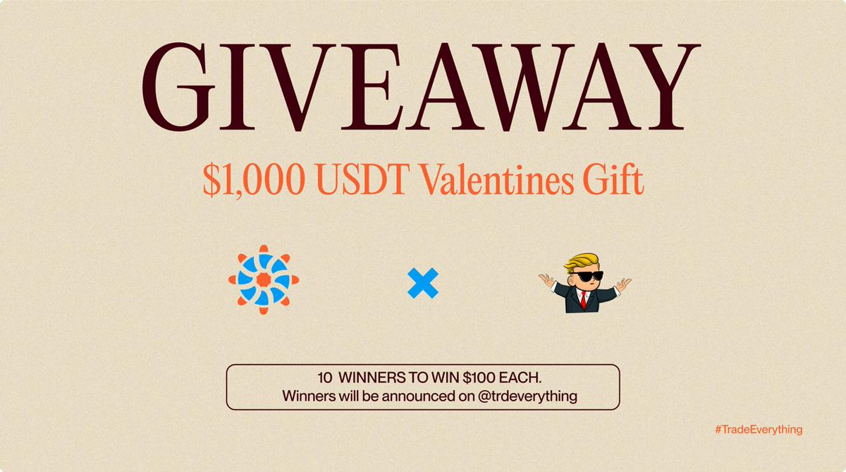 We’re partnering up with <a href="/trdEverything/">Everything</a> to give away 1,000 $USDT to the community! With Valentine's day coming up, get this bread, go touch grass and find a date🫡

To join:

1⃣ Follow <a href="/trdEverything/">Everything</a>
2⃣ Like and share this post
3⃣ Join t.me/trdeverything &amp;