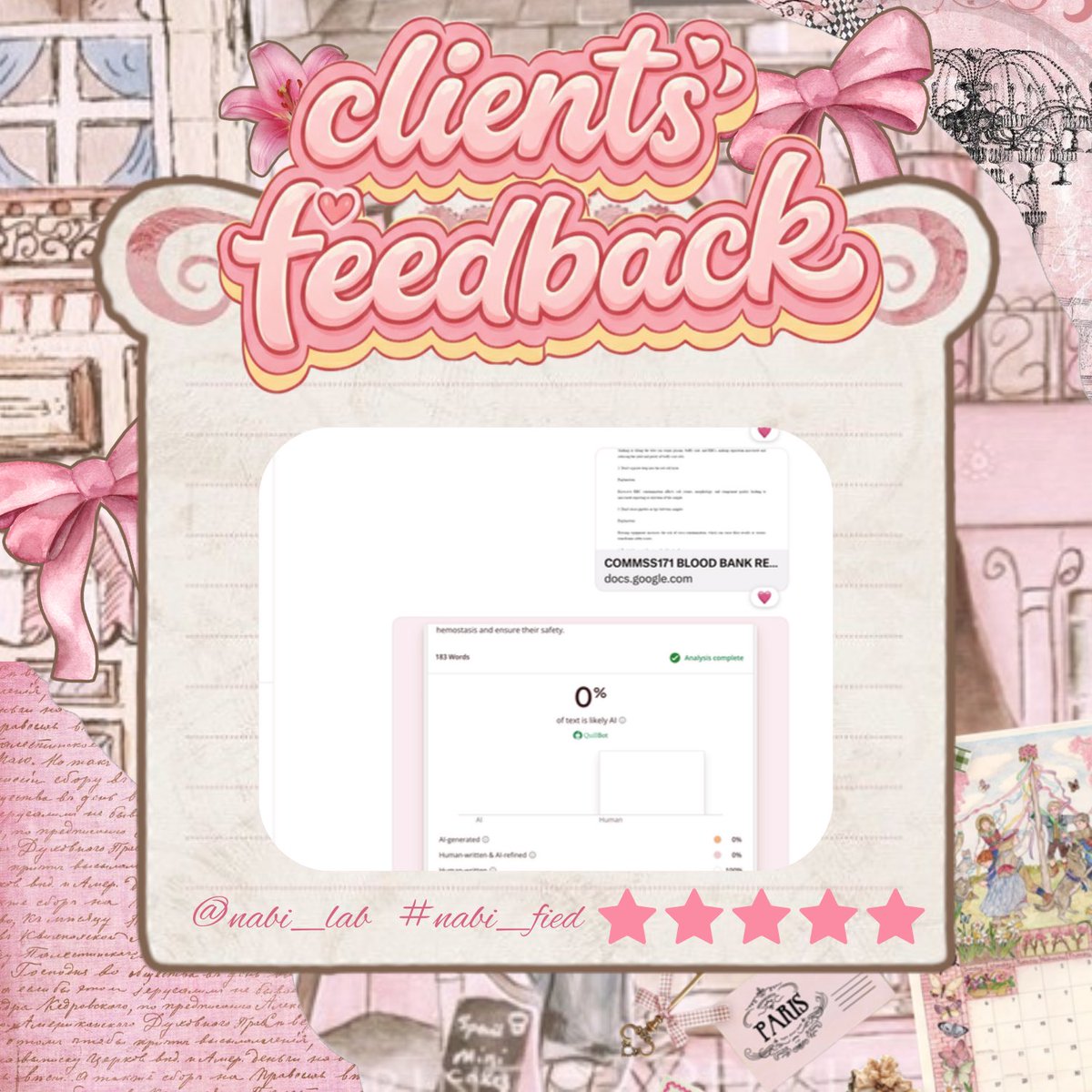Nabi_lab's tweet photo. 🌸 𐔌 ₊˚⊹𝒸𝓁𝒾𝑒𝓃𝓉’𝓈 𝒻𝑒𝑒𝒹𝒷𝒶𝒸𝓀

📝blood bank report

thank you for trusting me, mon amour 🤍
𐙚˙⋆.˚

#nabi_fied https://t.co/lCoWWEFeJF