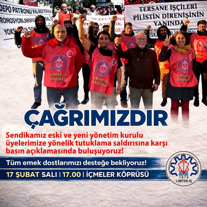 Kölece çalışma koşullarına ve iş cinayetlerine karşı her daim tersane işçisinin yanında olan dost sendikamız Limter-İş sendikamıza yönelik tutuklama saldırısına karşı, basın açıklamasında buluşuyoruz.