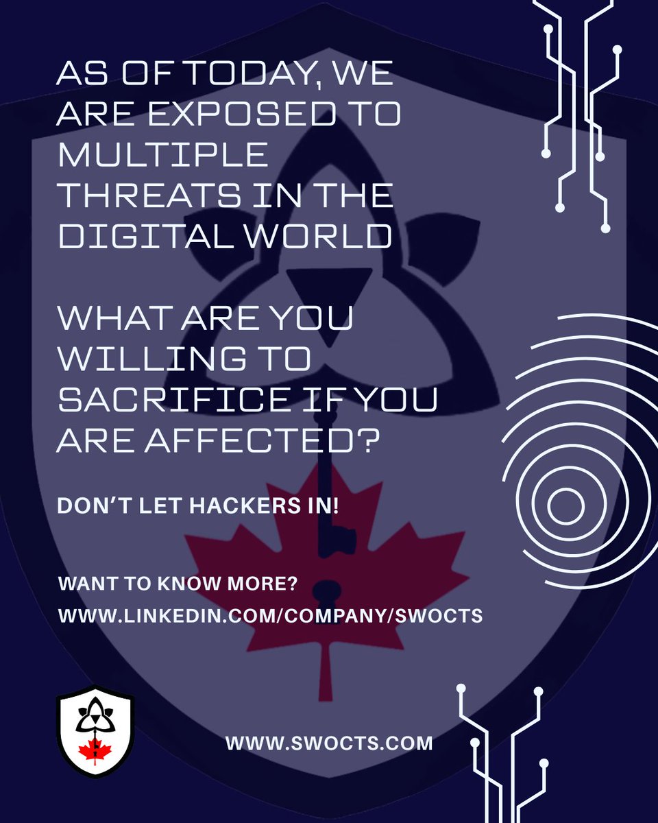 SWOCTS_hub's tweet photo. As of today, we are exposed to multiple threats in the digital world. What are you willing to sacrifice if you are affected? #cybersecurityawareness #cybersecurity #technology #londonontario #swocts https://t.co/49KITRe3np