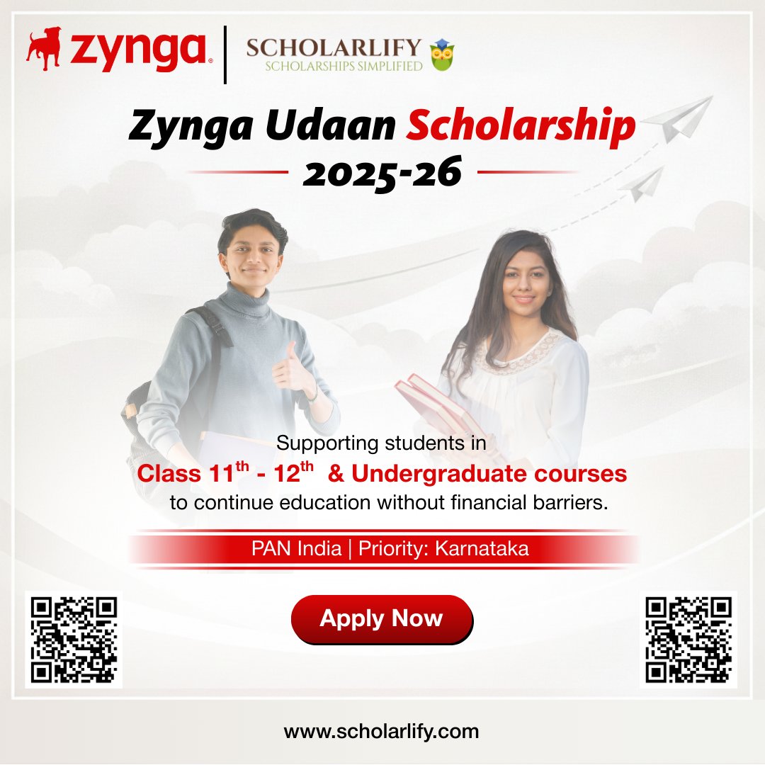 scholarlify's tweet photo. 🚨 Zynga Udaan Scholarship 2025–26 is live!
For Class 11–12 &amp; UG students (PAN India | Priority: Karnataka)
💰 Up to ₹70,000
Apply now before it closes!
🔗https://t.co/DaLq7uZEMT https://t.co/NriHYWm8Ac