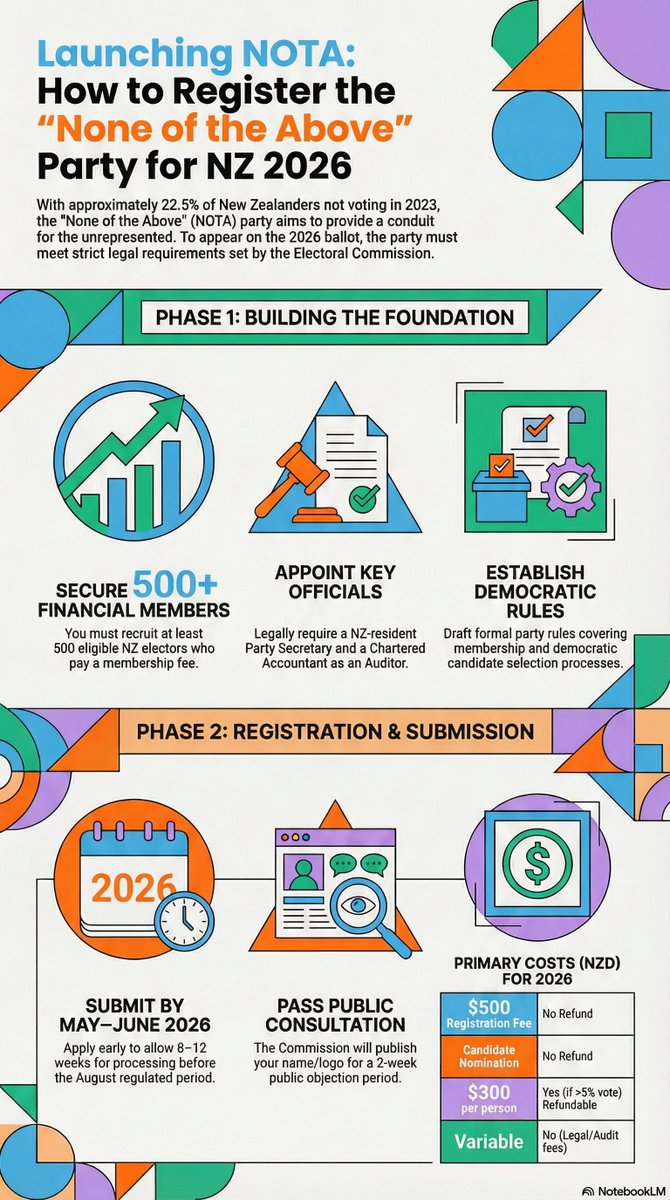 ShortStoryTell's tweet photo. Invitation: Discussion to launch a new New Zealand political party. 

   NOTA Political Party <placeholder>

To act as conduit for the unrepresented voters in NZ.

There is a rigorous process for registration to be completed as per the attached infographic. 

Cc @TheNzRocketeer https://t.co/LyBm5buA8r