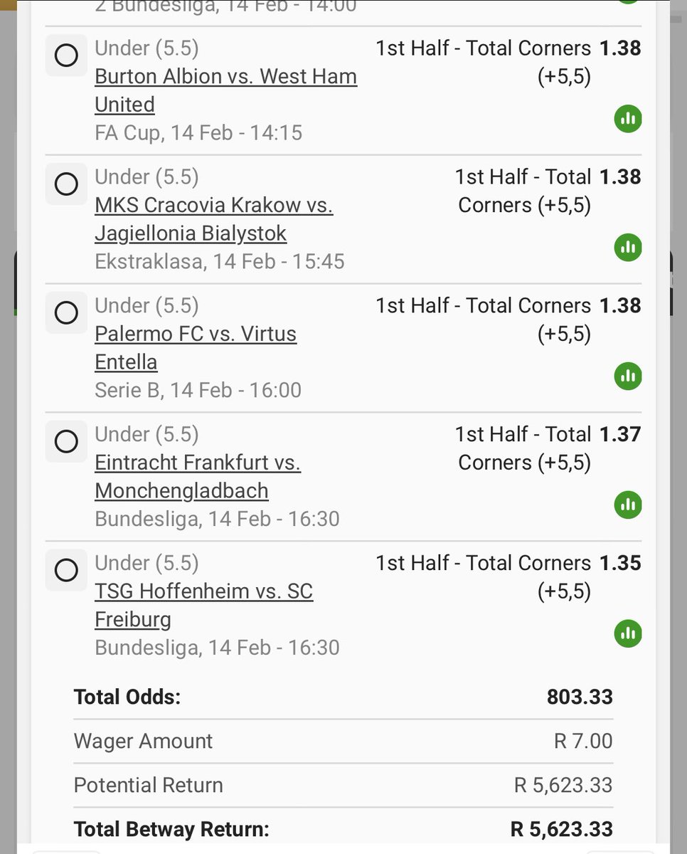 BW3BAAEF3F 

⛳️ ~ 1st Half Under 5.5 Corners 
🔢 ~ 800+ Odds 

Cut/Edit ✍🏽

betway.co.za/book-a-bet-res…