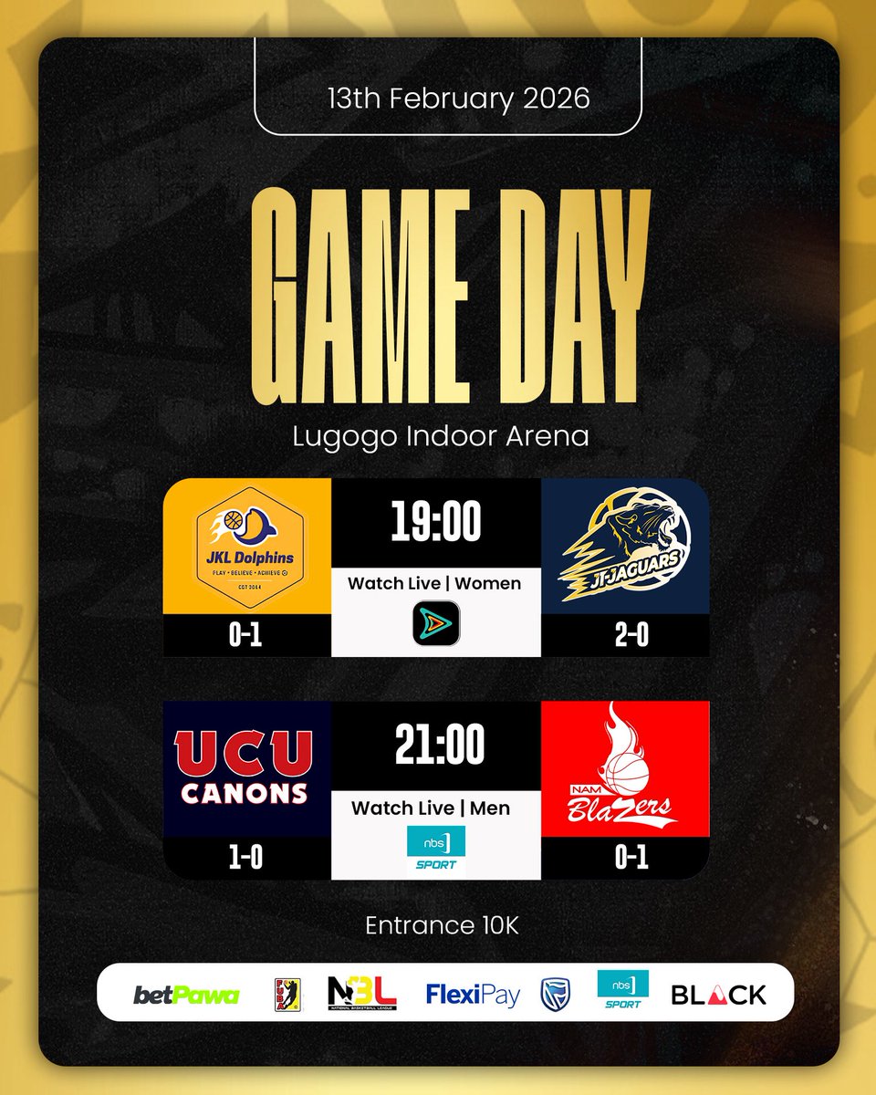 Friday night hoops at the Lugogo Indoor Arena. 
 🎯 JT Lady Jaguars and JKL Lady Dolphins lock horns in a finals rematch.
 🎯 UCU Canons and champs Namuwongo Blazers follow up.

#NBL26